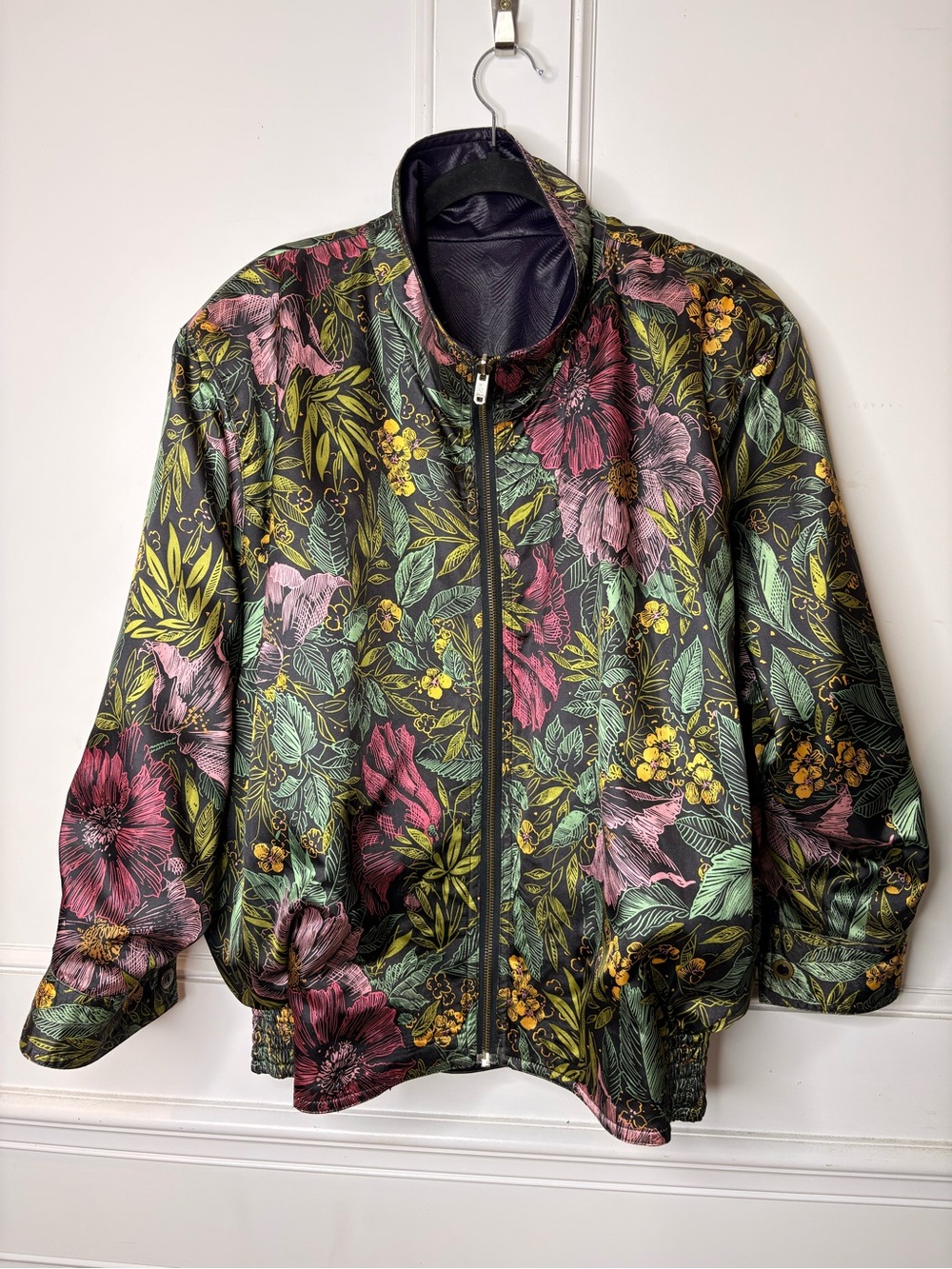 Floral Print Reversible Bomber Jacket in Black with Pink and Green/Deep Purple